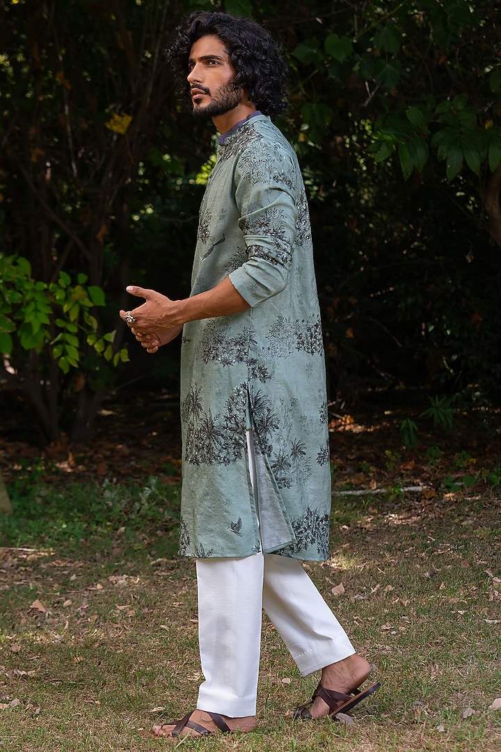 Green Cotton Silk Digital Printed Kurta by AYUSH JAIN at Pernia's Pop Up Shop