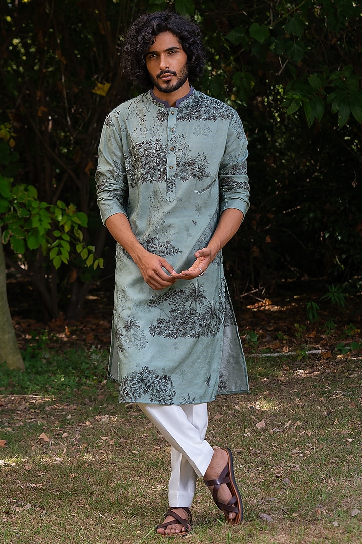 Green Cotton Silk Digital Printed Kurta by AYUSH JAIN at Pernia's Pop Up Shop