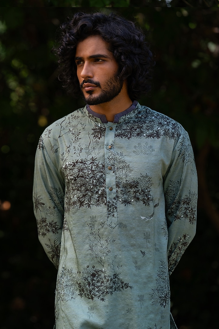 Green Cotton Silk Digital Printed Kurta by AYUSH JAIN at Pernia's Pop Up Shop