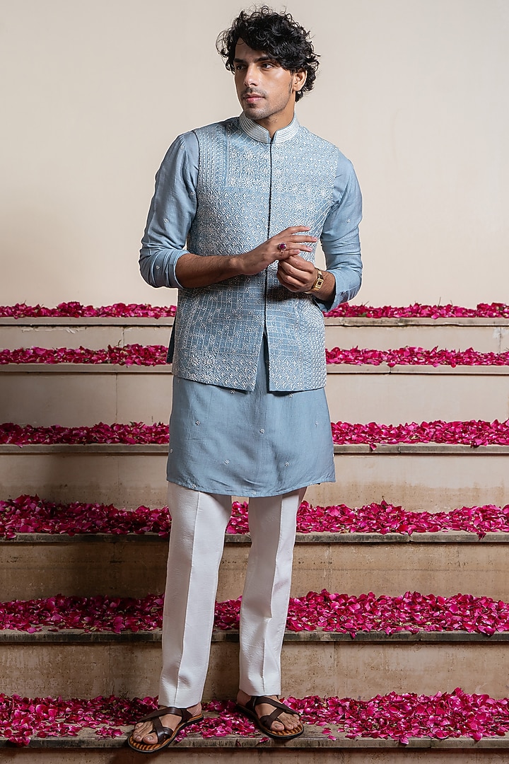 Blue Silk Kantha Hand Embroidered Bundi Jacket by AYUSH JAIN at Pernia's Pop Up Shop
