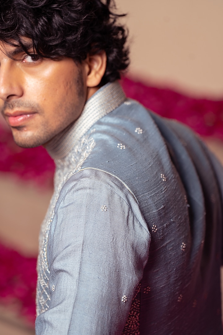 Blue Silk Kantha Hand Embroidered Bundi Jacket by AYUSH JAIN at Pernia's Pop Up Shop