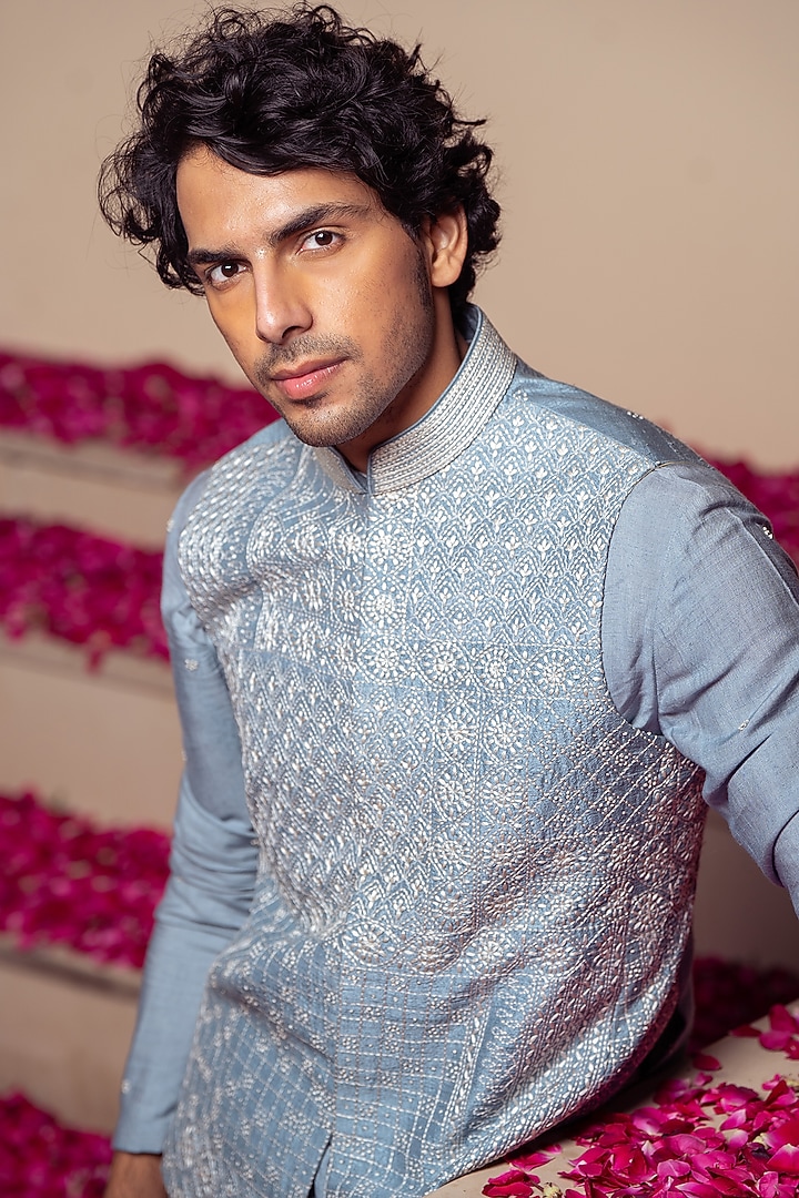 Blue Silk Kantha Hand Embroidered Bundi Jacket by AYUSH JAIN at Pernia's Pop Up Shop