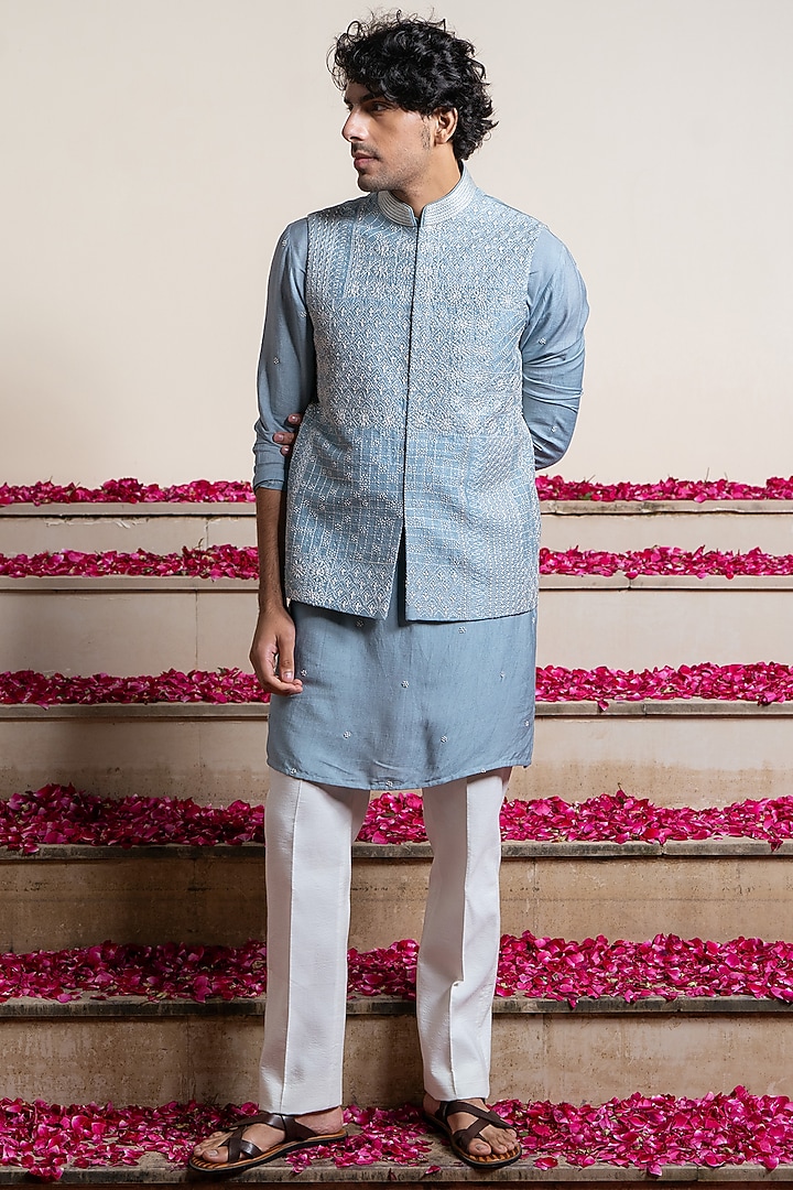 Blue Silk Kantha Hand Embroidered Bundi Jacket by AYUSH JAIN at Pernia's Pop Up Shop