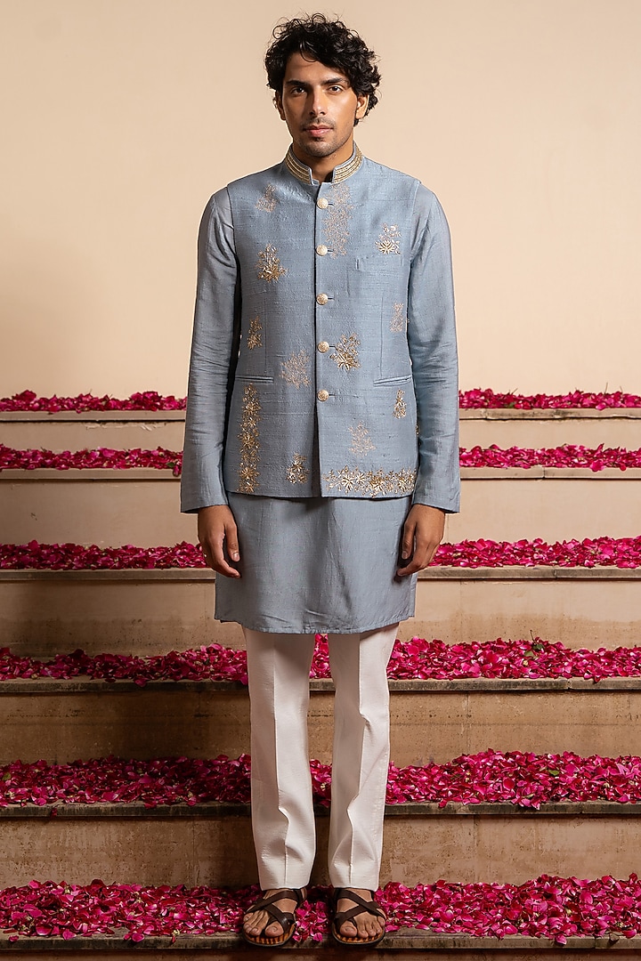 Blue Silk Hand Embroidered Bundi Jacket by AYUSH JAIN at Pernia's Pop Up Shop