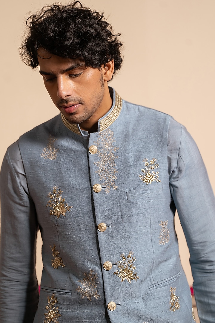 Blue Silk Hand Embroidered Bundi Jacket by AYUSH JAIN at Pernia's Pop Up Shop