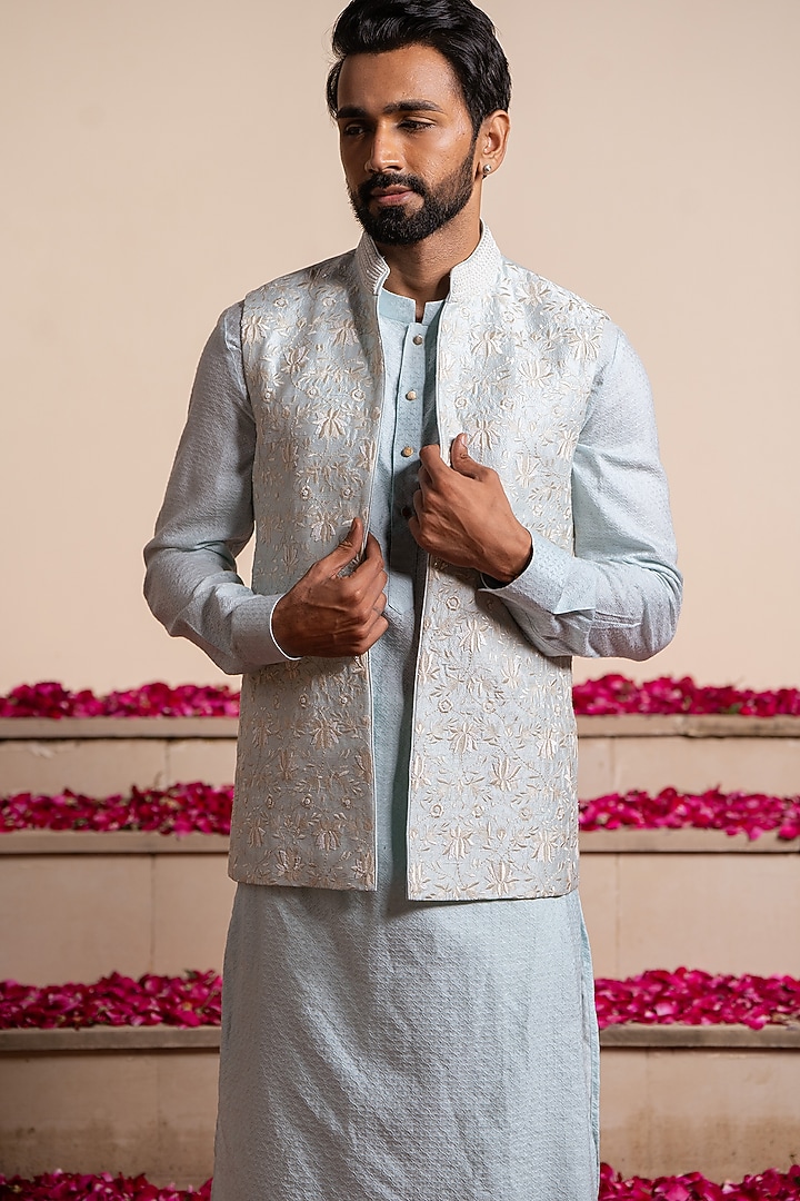 Ice Blue Silk Hand Embellished Bundi Jacket by AYUSH JAIN at Pernia's Pop Up Shop