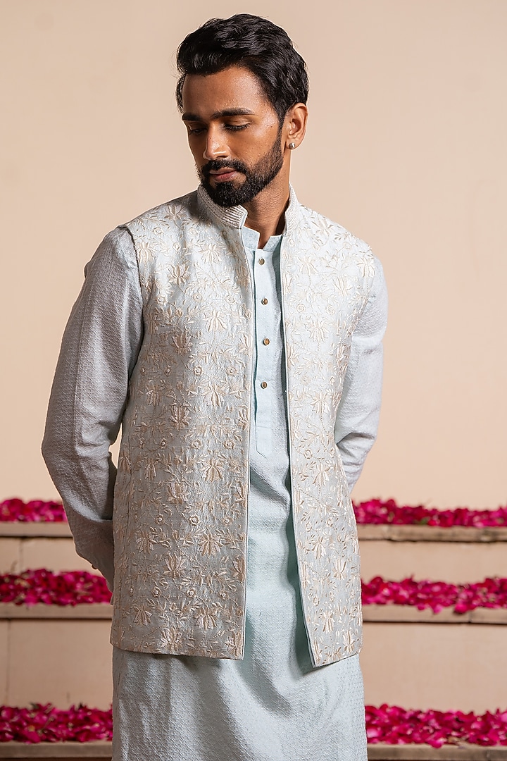 Ice Blue Silk Hand Embellished Bundi Jacket by AYUSH JAIN at Pernia's Pop Up Shop