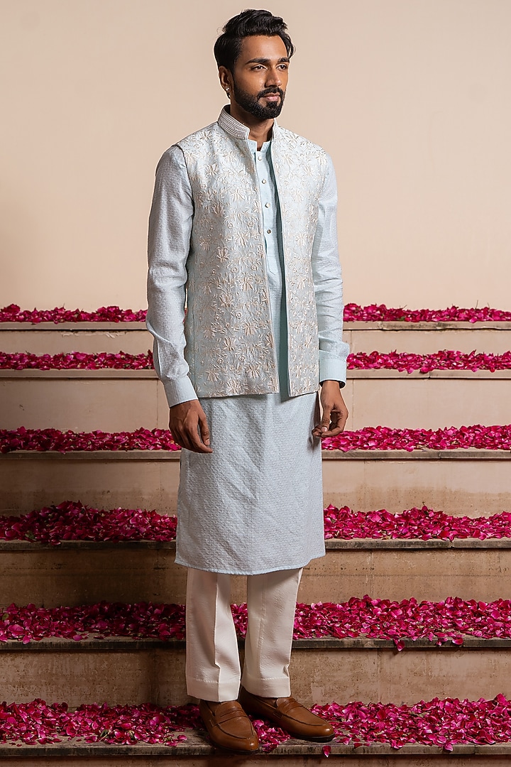 Ice Blue Silk Hand Embellished Bundi Jacket by AYUSH JAIN at Pernia's Pop Up Shop