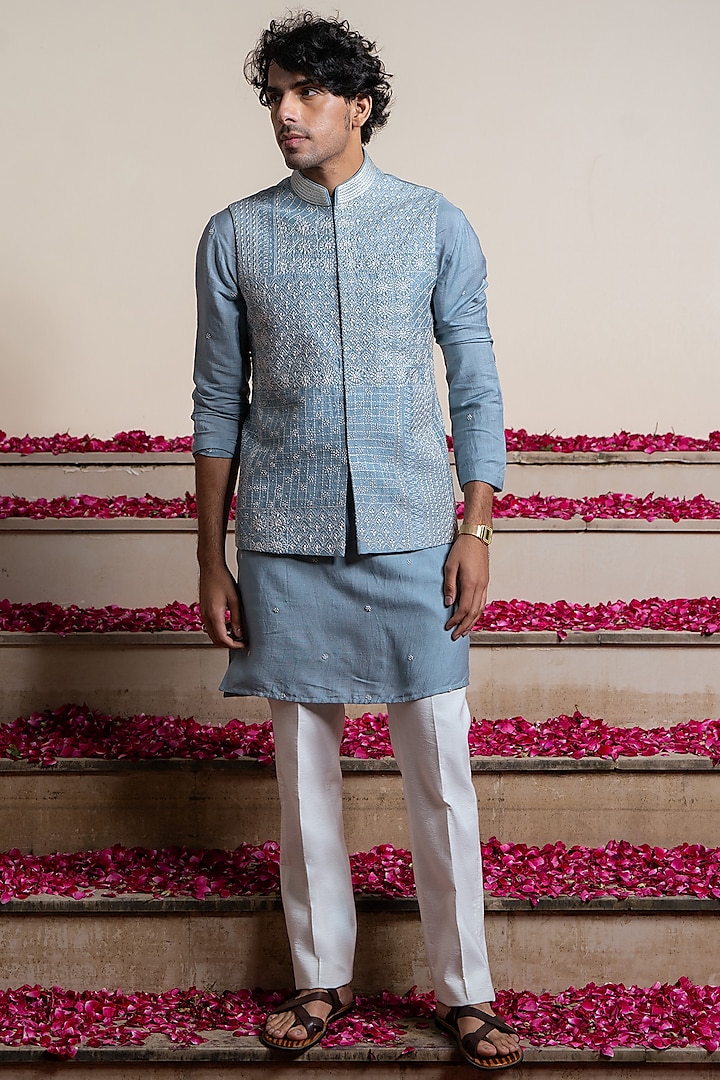 Blue Silk & Cotton Silk Kantha Hand Embroidered Bundi Jacket With Kurta by AYUSH JAIN