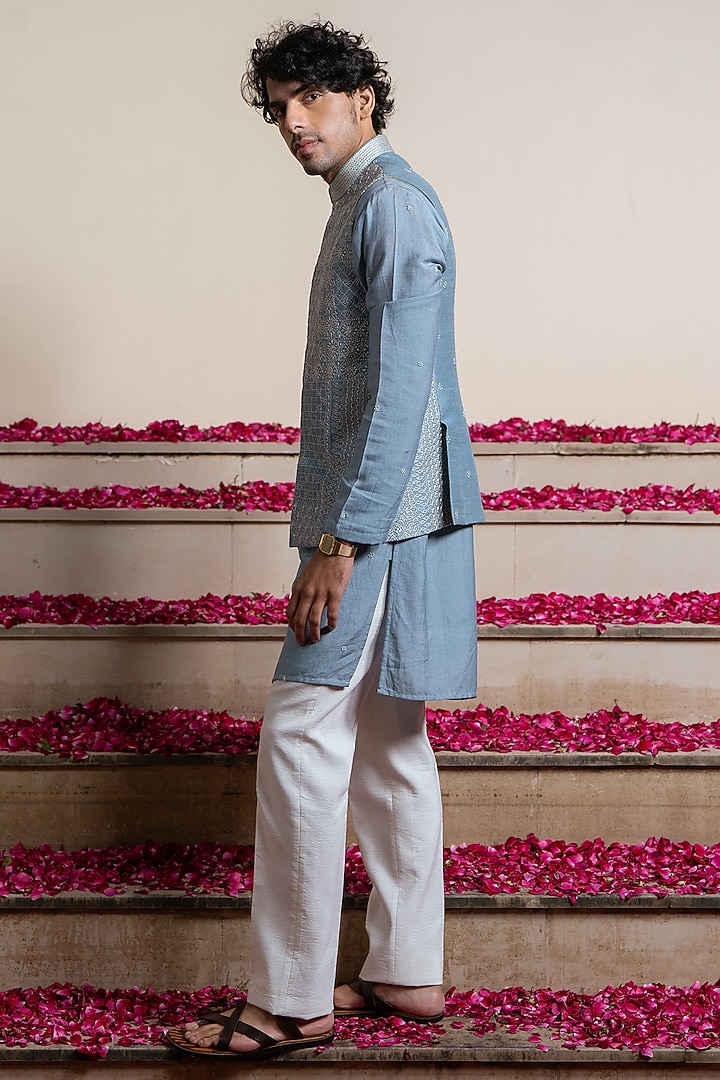 Blue Silk & Cotton Silk Kantha Hand Embroidered Bundi Jacket With Kurta by AYUSH JAIN at Pernia's Pop Up Shop