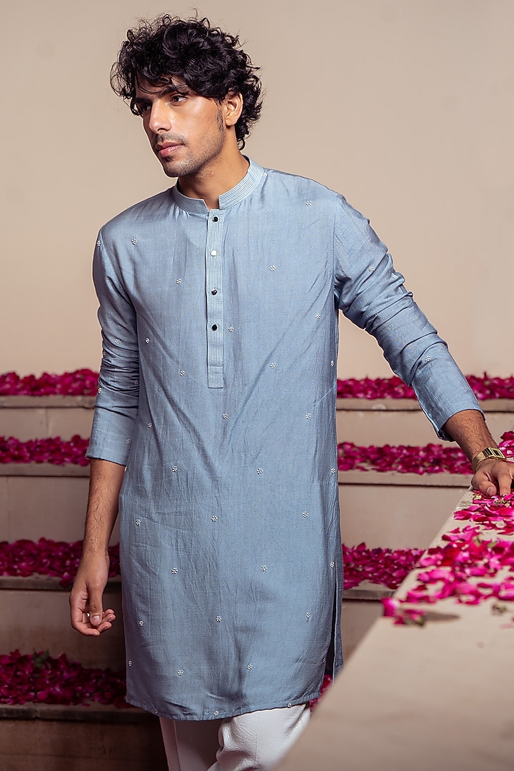 Blue Silk & Cotton Silk Kantha Hand Embroidered Bundi Jacket With Kurta by AYUSH JAIN at Pernia's Pop Up Shop