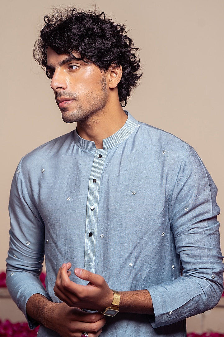 Blue Silk & Cotton Silk Kantha Hand Embroidered Bundi Jacket With Kurta by AYUSH JAIN at Pernia's Pop Up Shop