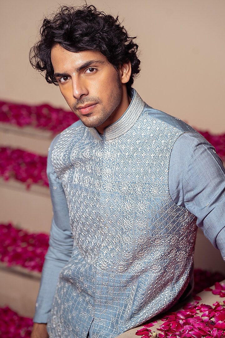 Blue Silk & Cotton Silk Kantha Hand Embroidered Bundi Jacket With Kurta by AYUSH JAIN at Pernia's Pop Up Shop