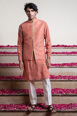 Rust Silk & Cotton Silk Dori Hand Embroidered Bundi Jacket With Kurta by AYUSH JAIN