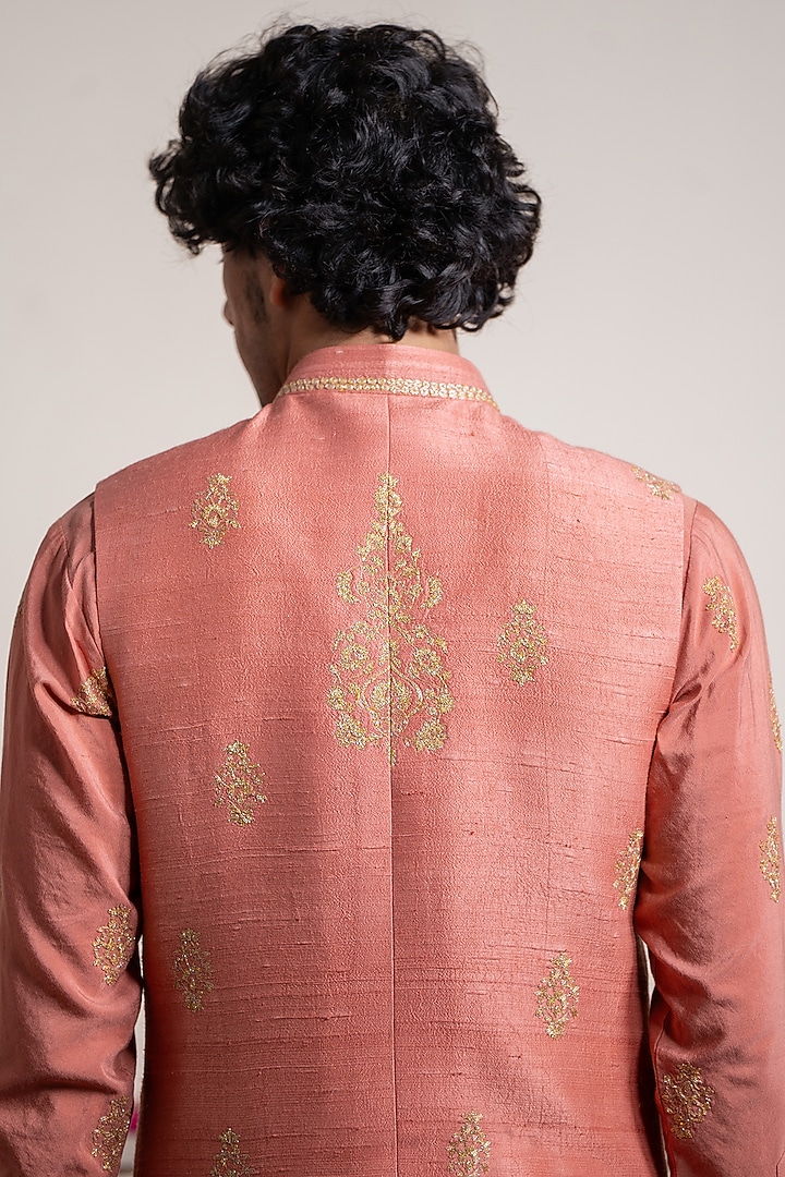 Rust Silk & Cotton Silk Dori Hand Embroidered Bundi Jacket With Kurta by AYUSH JAIN at Pernia's Pop Up Shop