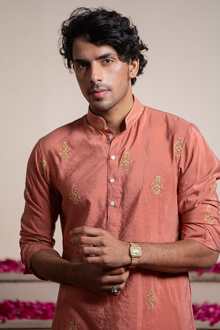 Rust Silk & Cotton Silk Dori Hand Embroidered Bundi Jacket With Kurta by AYUSH JAIN at Pernia's Pop Up Shop