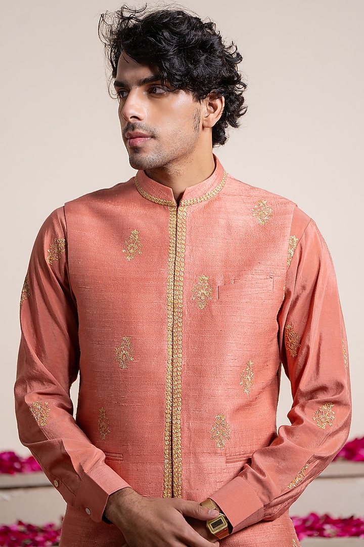 Rust Silk & Cotton Silk Dori Hand Embroidered Bundi Jacket With Kurta by AYUSH JAIN at Pernia's Pop Up Shop