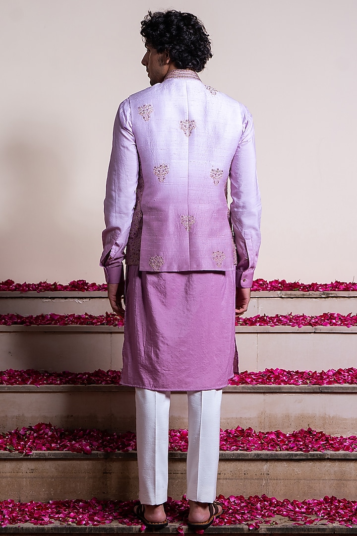 Lavender Ombre Silk Hand Embroidered Bundi Jacket With Kurta by AYUSH JAIN at Pernia's Pop Up Shop