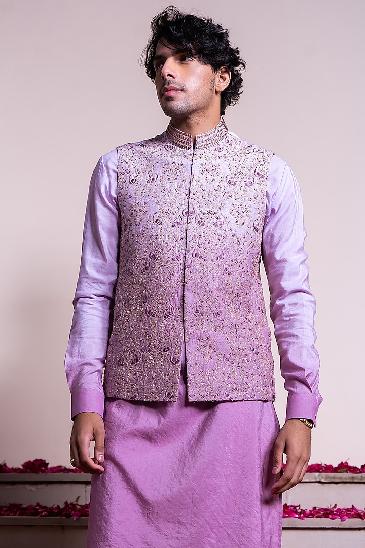 Lavender Ombre Silk Hand Embroidered Bundi Jacket With Kurta by AYUSH JAIN at Pernia's Pop Up Shop
