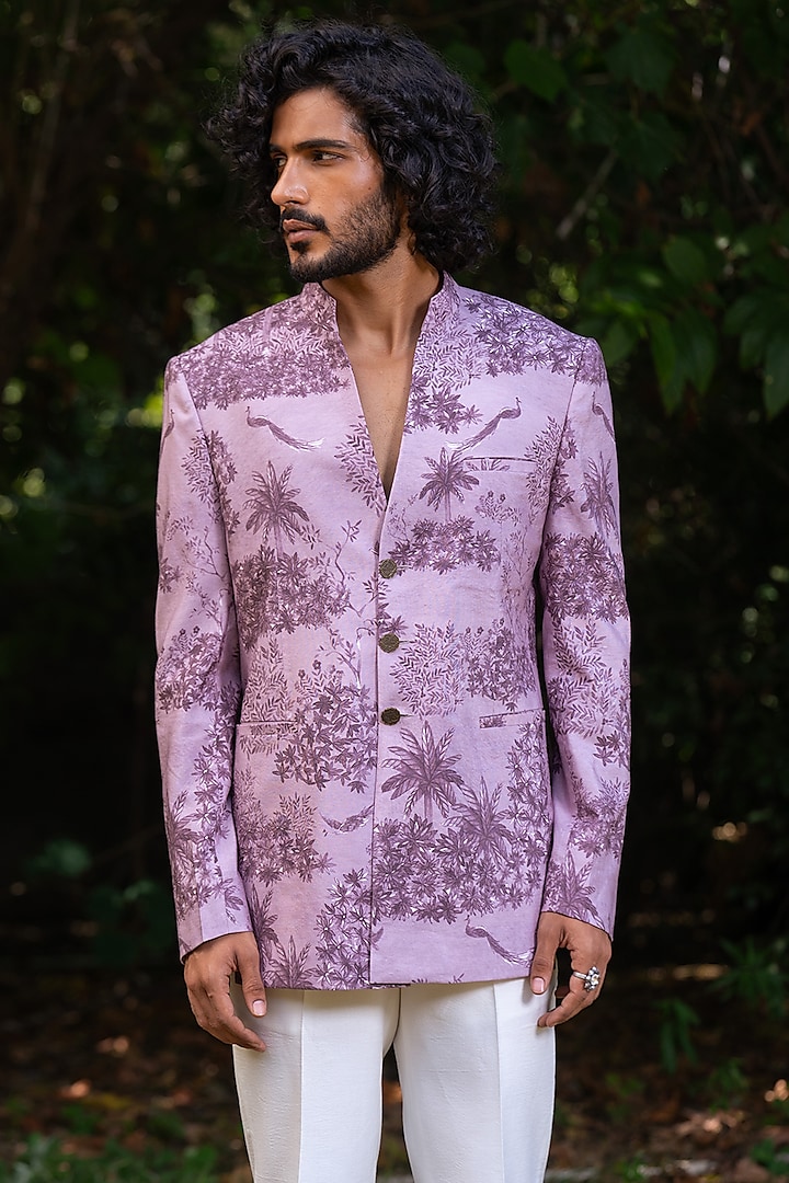 Lavender Cotton Silk Digital Printed Bandhgala Jacket by AYUSH JAIN