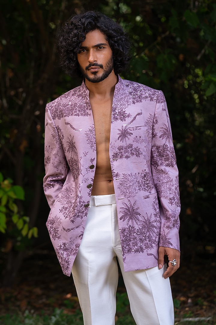 Lavender Cotton Silk Digital Printed Bandhgala Jacket by AYUSH JAIN at Pernia's Pop Up Shop