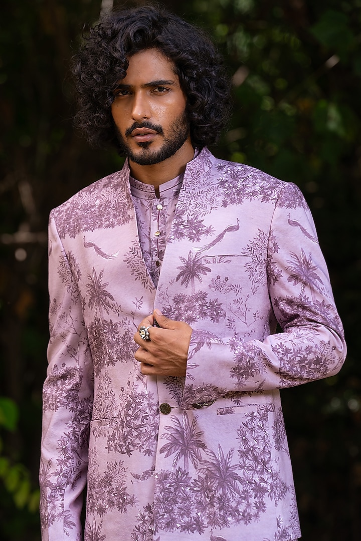 Lavender Cotton Silk Digital Printed Bandhgala Jacket by AYUSH JAIN at