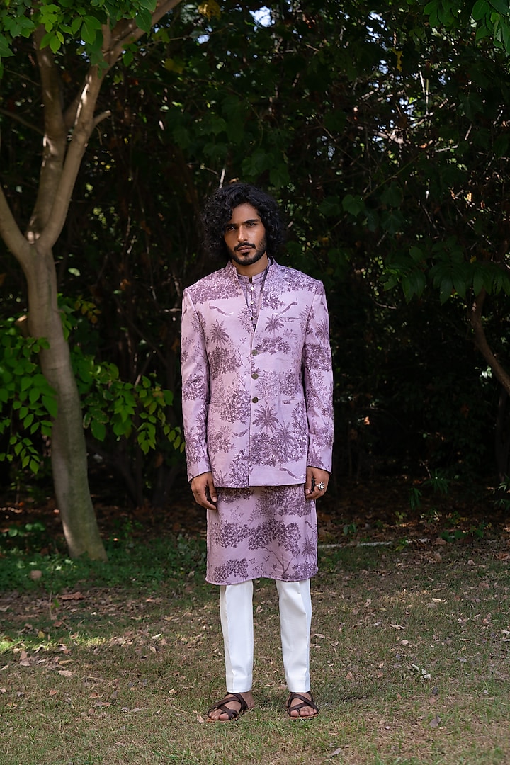 Lavender Cotton Silk Digital Printed Bandhgala Jacket With Kurta by AYUSH JAIN