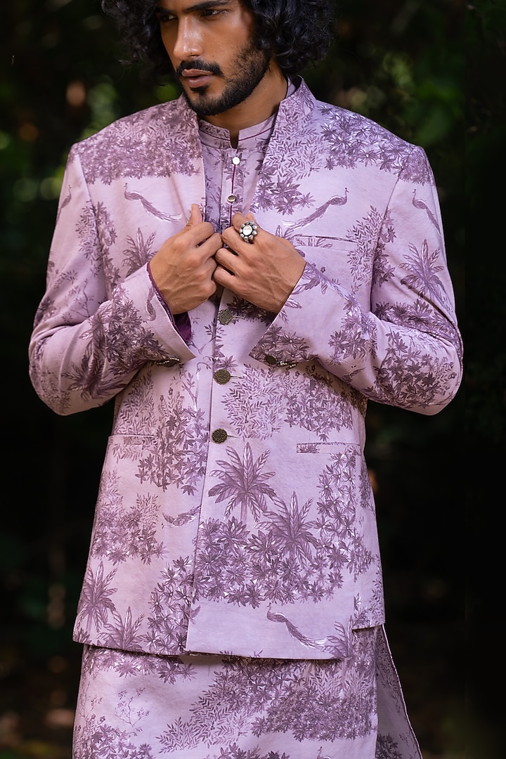 Lavender Cotton Silk Digital Printed Wedding Bandhgala Jacket With Kurta by AYUSH JAIN at Pernia's Pop Up Shop
