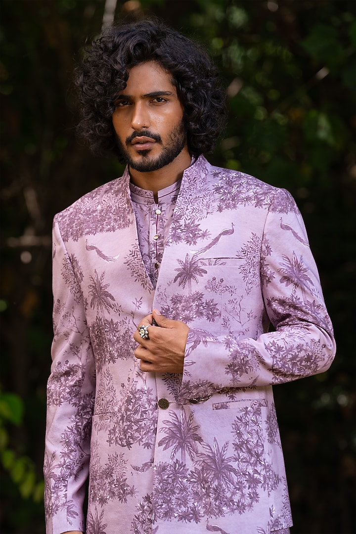 Lavender Cotton Silk Digital Printed Wedding Bandhgala Jacket With Kurta by AYUSH JAIN at Pernia's Pop Up Shop
