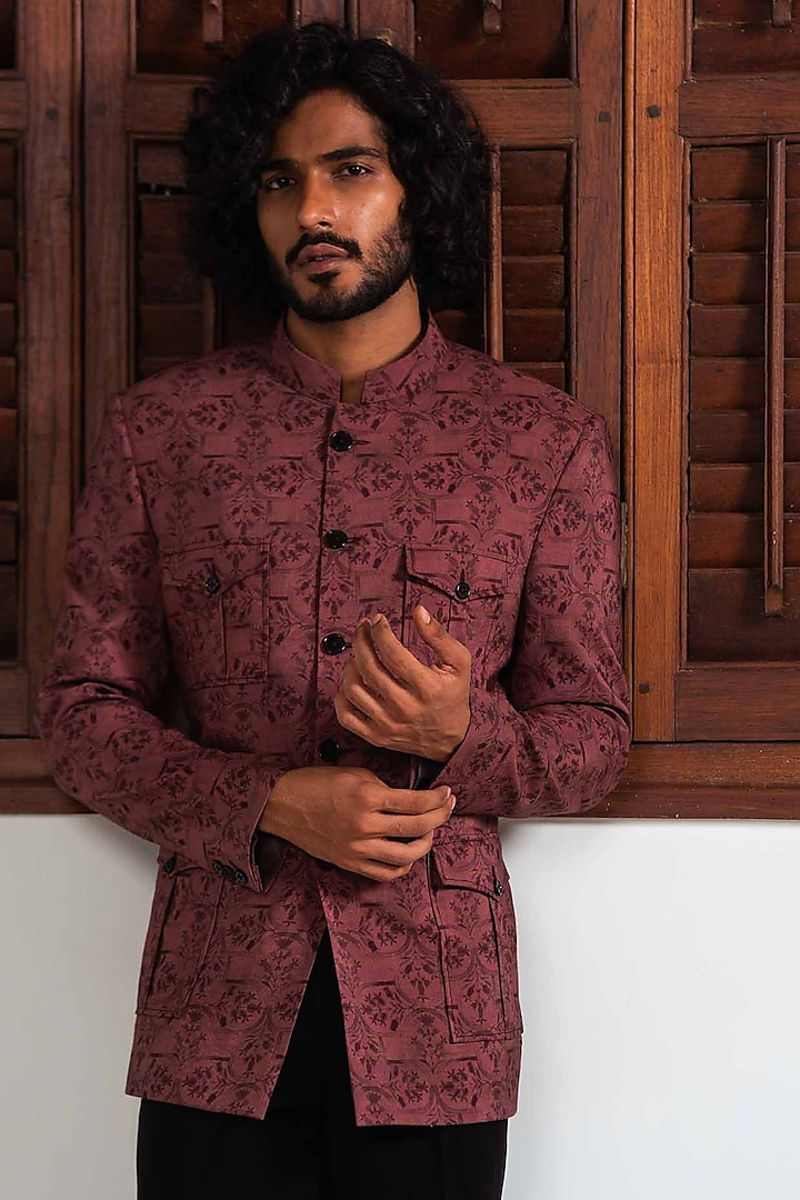 Brown Cotton Silk Digital Printed Bandhgala Jacket by AYUSH JAIN
