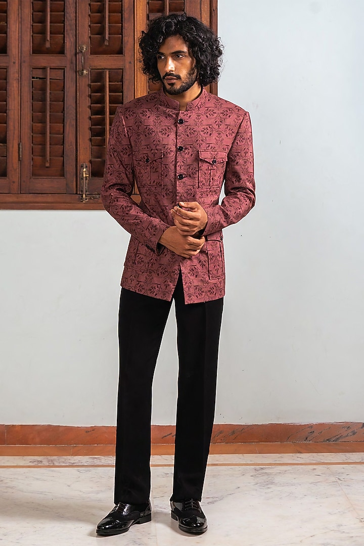 Brown Cotton Silk Digital Printed Bandhgala Jacket by AYUSH JAIN at Pernia's Pop Up Shop