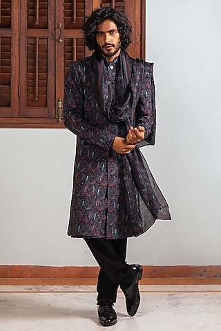 Black Cotton Silk & Silk Digital Printed Achkan Jacket Set by AYUSH JAIN