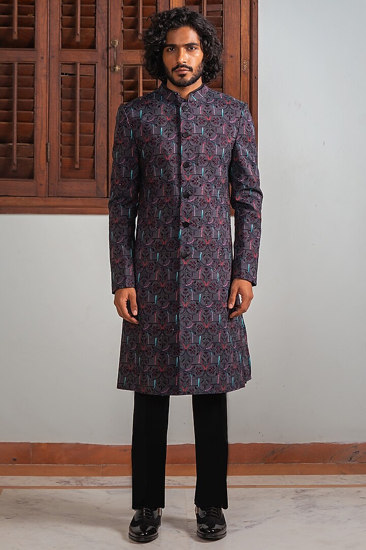 Black Cotton Silk & Silk Digital Printed Achkan Jacket Set by AYUSH JAIN at Pernia's Pop Up Shop