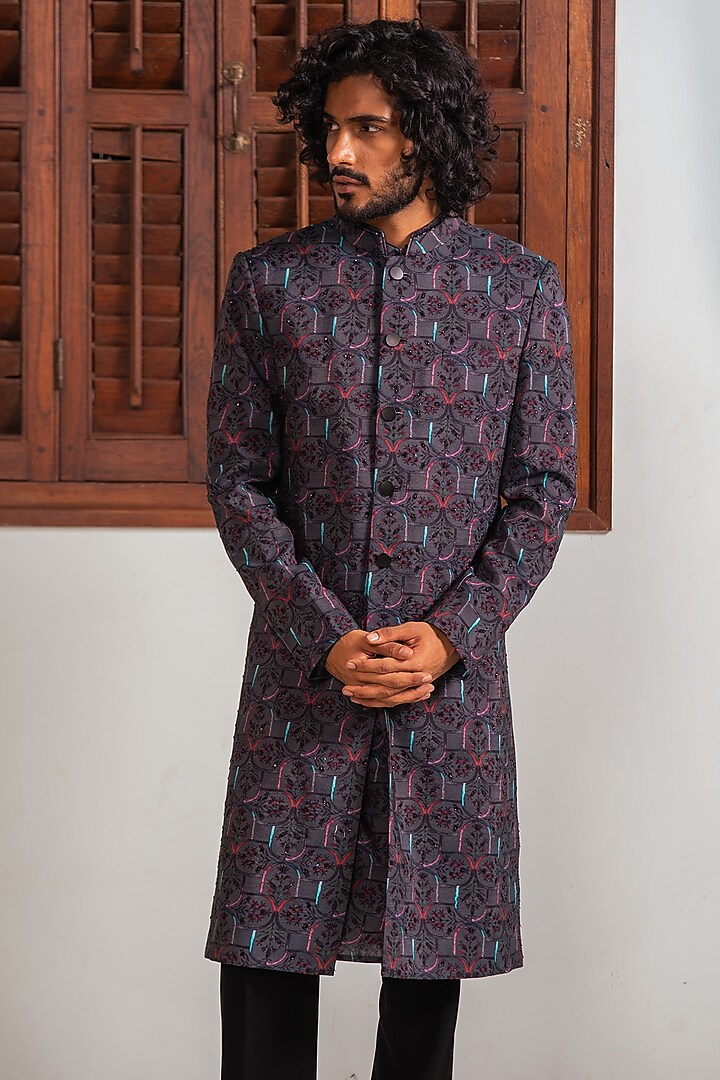 Black Cotton Silk & Silk Digital Printed Achkan Jacket Set by AYUSH JAIN at Pernia's Pop Up Shop