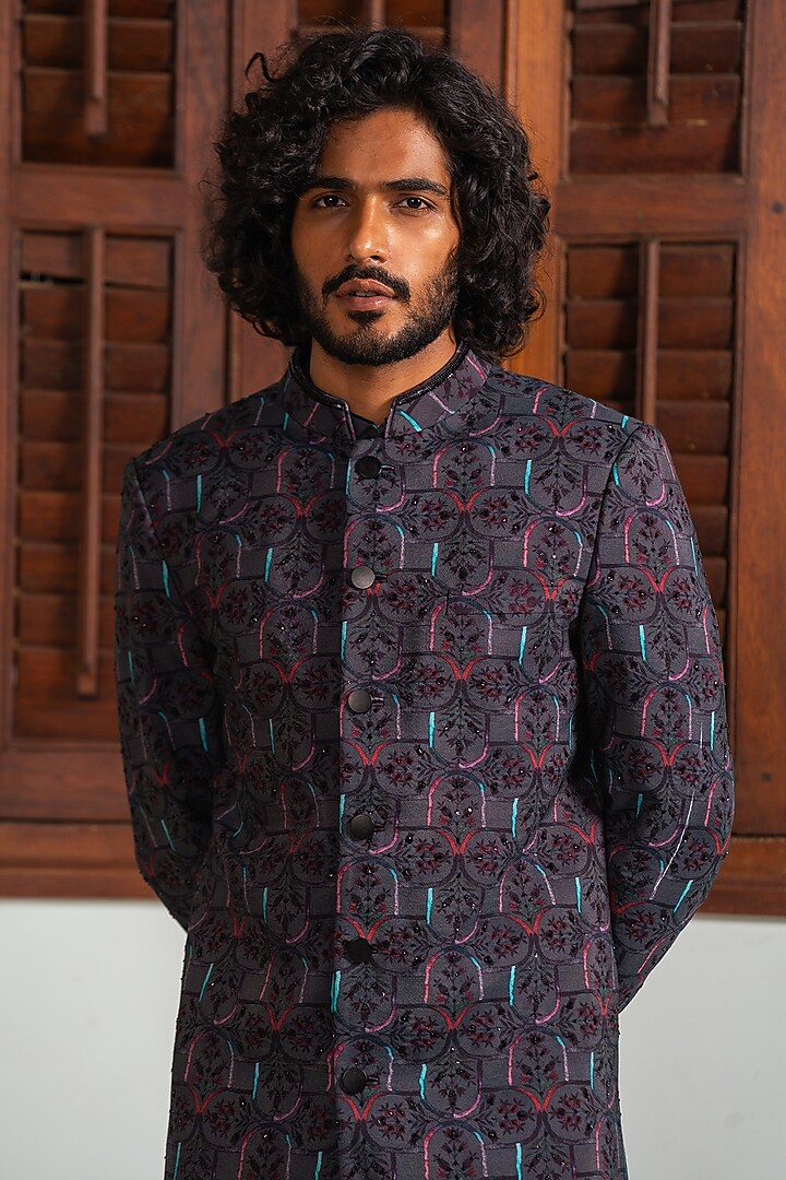 Black Cotton Silk & Silk Digital Printed Achkan Jacket Set by AYUSH JAIN at Pernia's Pop Up Shop