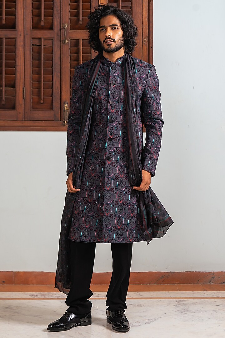 Black Cotton Silk & Silk Digital Printed Achkan Jacket Set by AYUSH JAIN at Pernia's Pop Up Shop