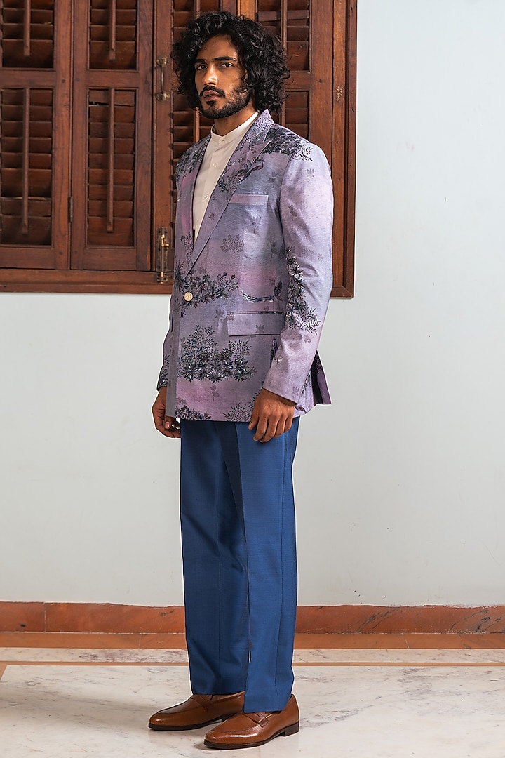 Blue Cotton Silk Digital Printed Blazer by AYUSH JAIN at Pernia's Pop Up Shop