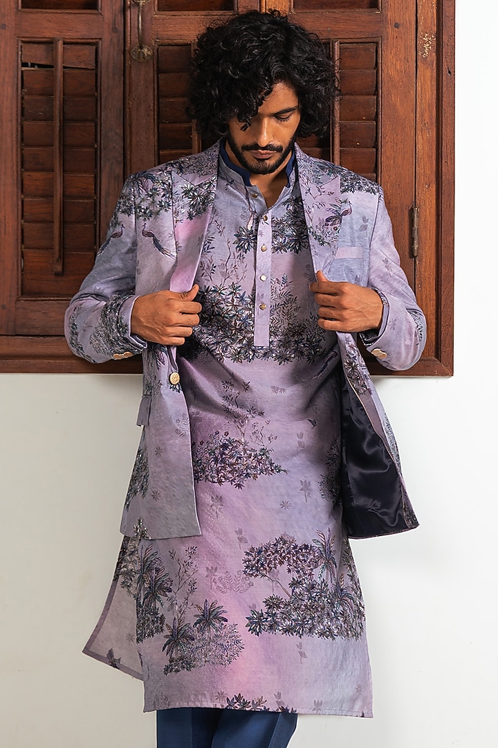 Blue Cotton Silk Digital Printed Blazer by AYUSH JAIN at Pernia's Pop Up Shop