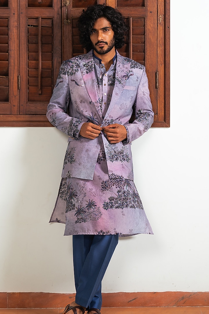 Blue Cotton Silk Digital Printed Blazer by AYUSH JAIN at Pernia's Pop Up Shop