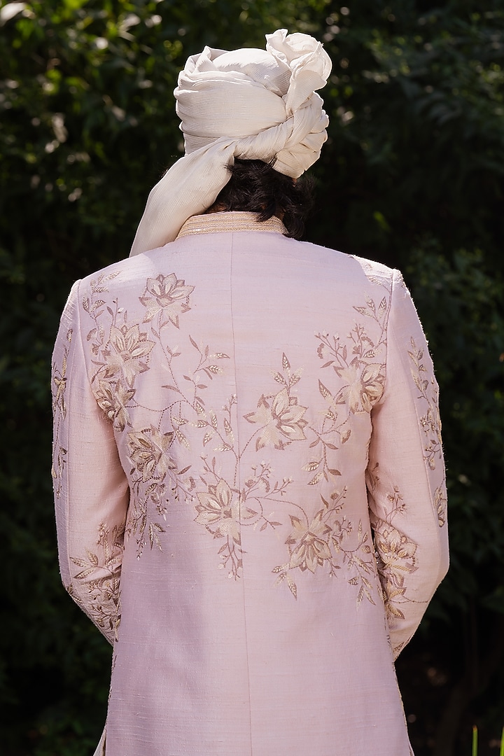 Dull Pink Raw Silk 3D Floral Embroidered Groom Sherwani Set by AYUSH JAIN at Pernia's Pop Up Shop