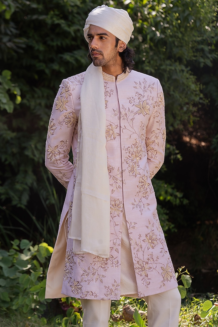 Dull Pink Raw Silk 3D Floral Embroidered Groom Sherwani Set by AYUSH JAIN at Pernia's Pop Up Shop