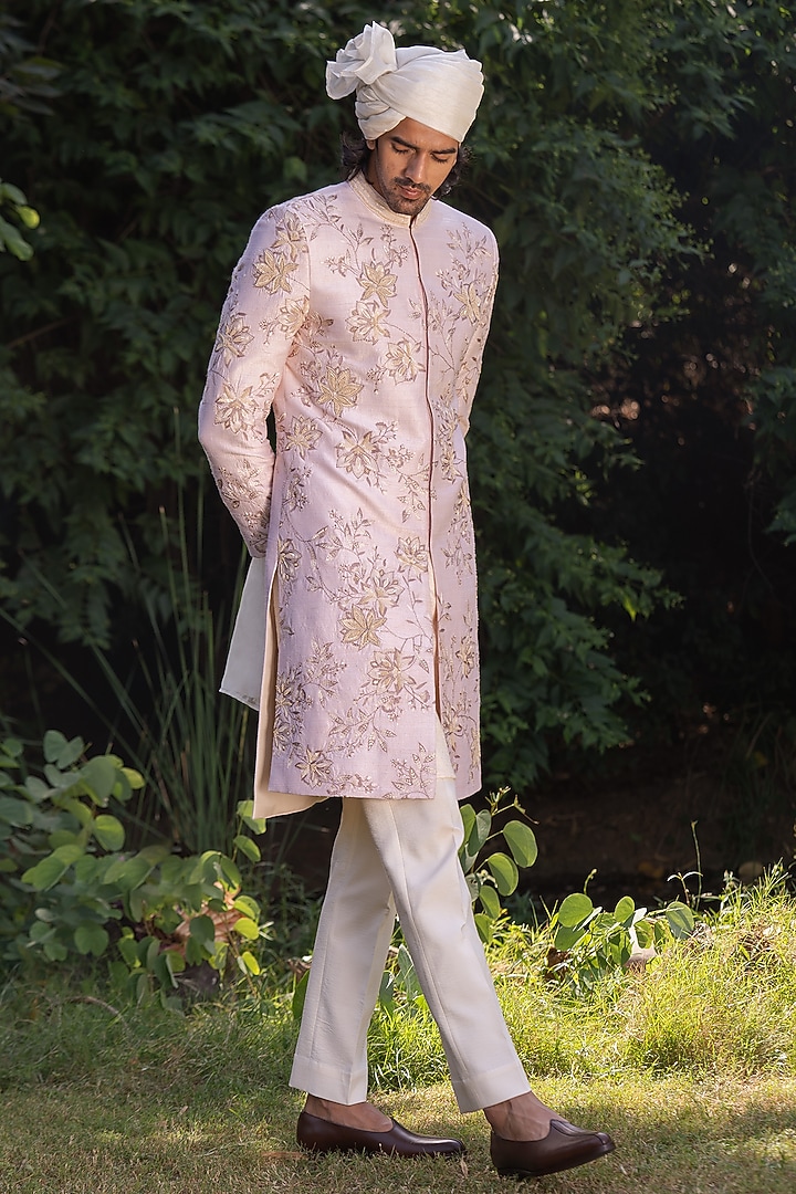 Dull Pink Raw Silk 3D Floral Embroidered Groom Sherwani Set by AYUSH JAIN at Pernia's Pop Up Shop