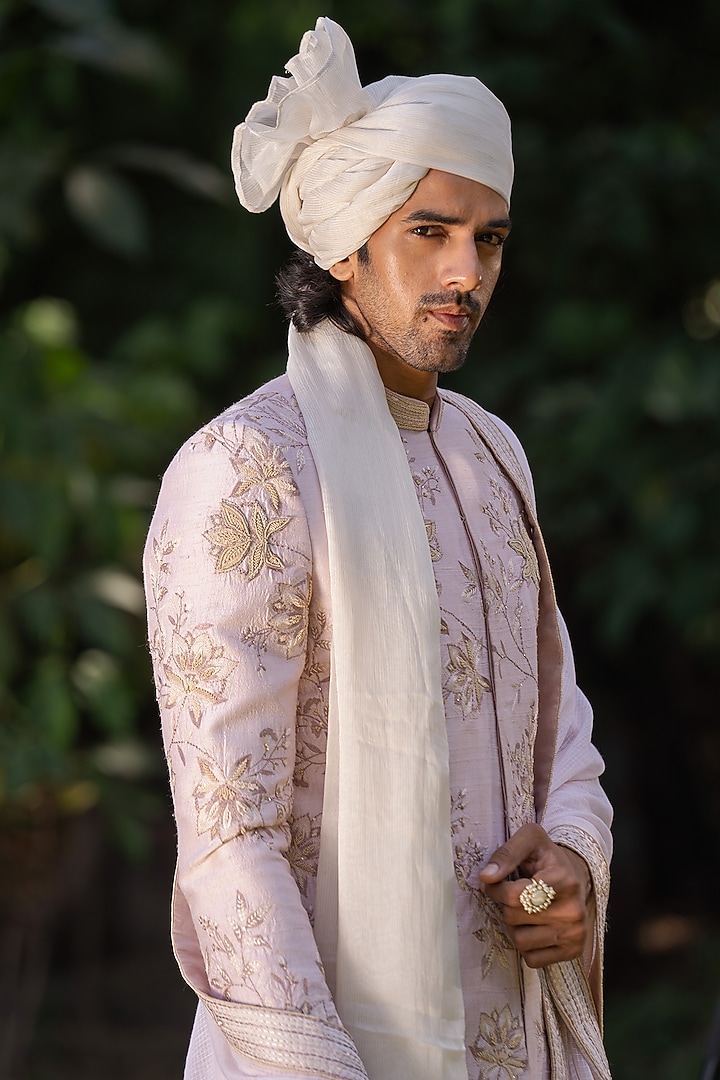 Dull Pink Raw Silk 3D Floral Embroidered Groom Sherwani Set by AYUSH JAIN at Pernia's Pop Up Shop