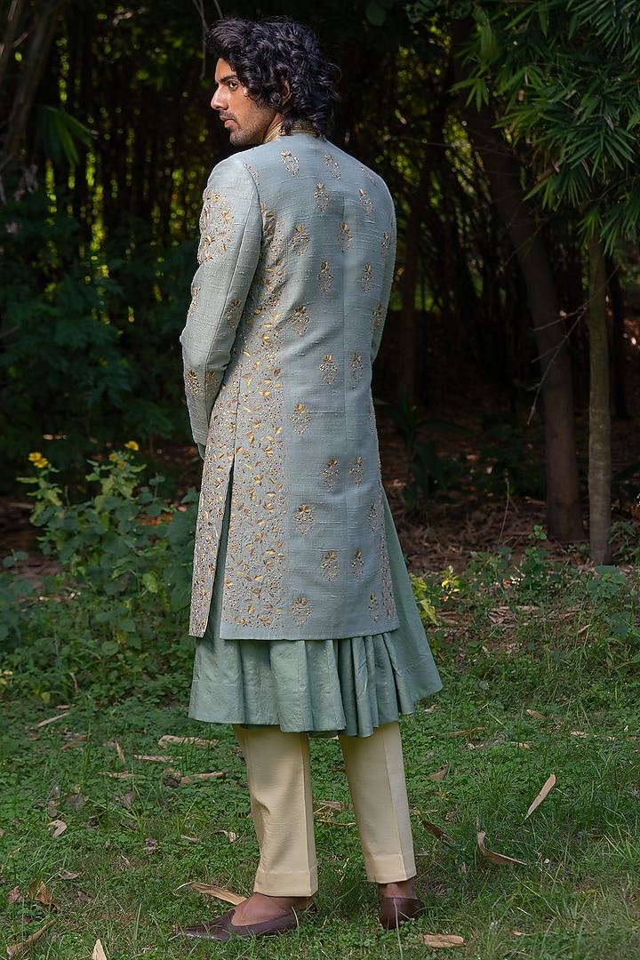 Green Cotton Silk & Raw Silk Hand Embroidered Groom Sherwani Set by AYUSH JAIN at Pernia's Pop Up Shop