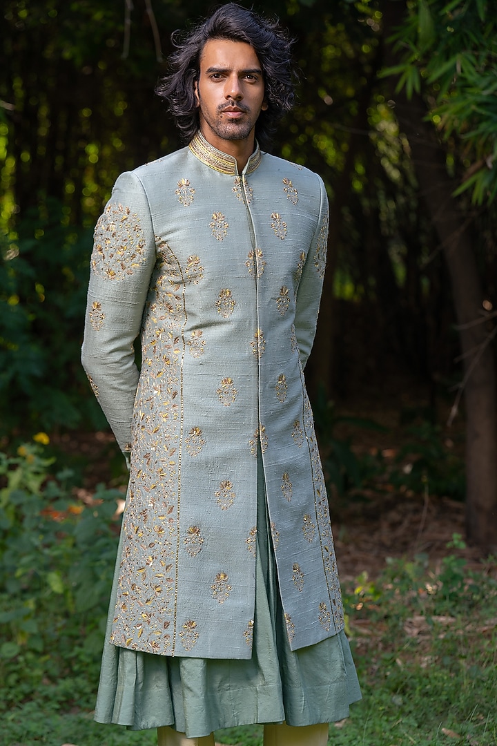 Green Cotton Silk & Raw Silk Hand Embroidered Groom Sherwani Set by AYUSH JAIN at Pernia's Pop Up Shop