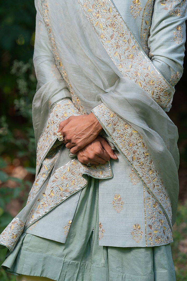 Green Cotton Silk & Raw Silk Hand Embroidered Groom Sherwani Set by AYUSH JAIN at Pernia's Pop Up Shop