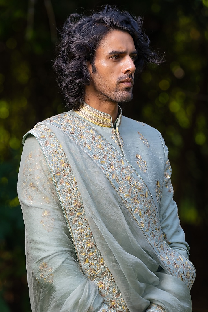 Green Cotton Silk & Raw Silk Hand Embroidered Groom Sherwani Set by AYUSH JAIN at Pernia's Pop Up Shop
