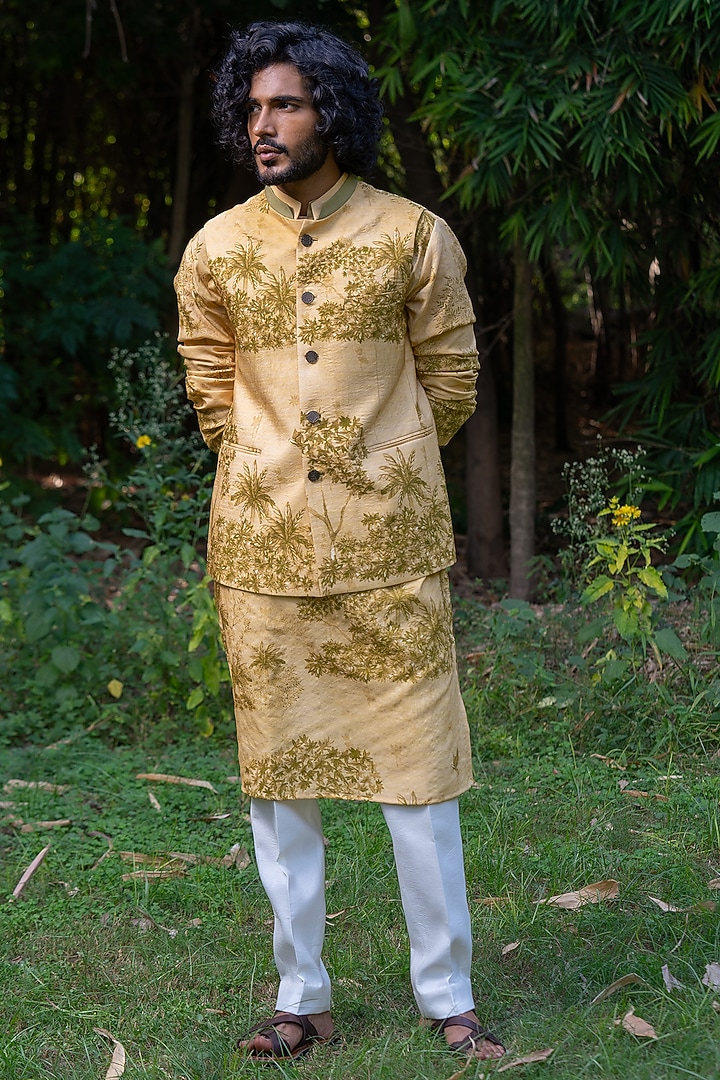 Yellow-Green Cotton Silk Digital Printed Bundi Jacket With Kurta by AYUSH JAIN at Pernia's Pop Up Shop