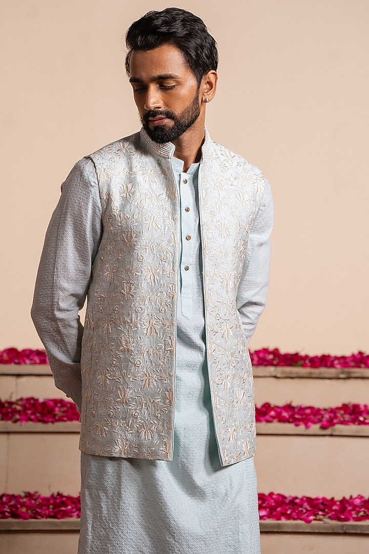 Ice Blue Silk & Cotton Silk Hand Embellished Bundi Jacket With Kurta by AYUSH JAIN at Pernia's Pop Up Shop