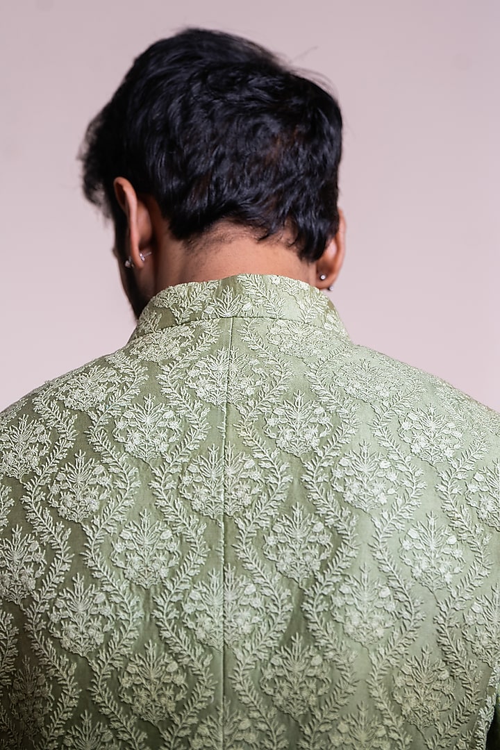Green Ombre Chanderi Embroidered Bundi Jacket With Kurta by AYUSH JAIN at Pernia's Pop Up Shop